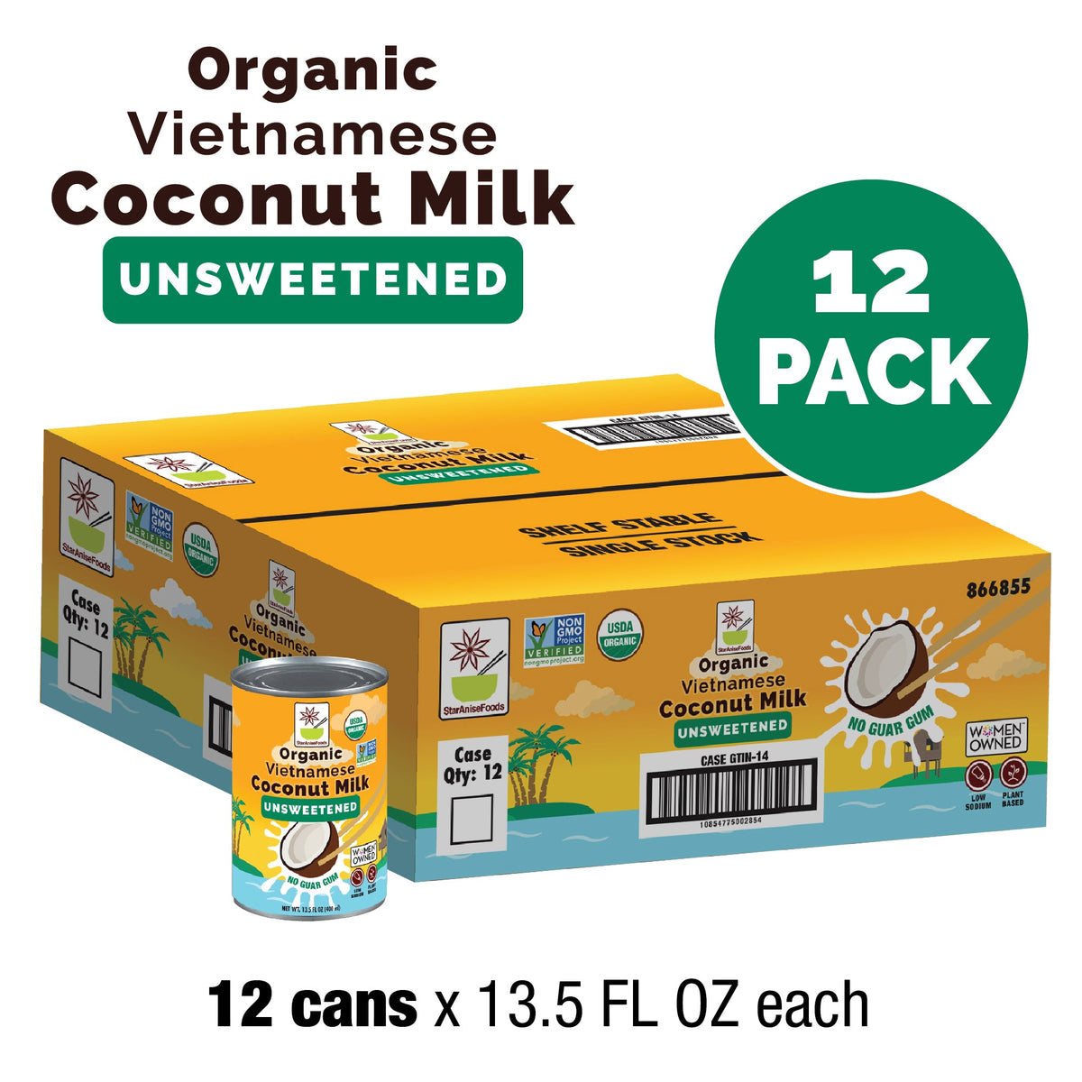 Organic Coconut Milk No Guar Gum Unsweetened, CrueltyFree, Vegan